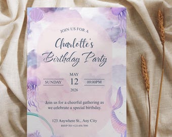 Watercolor Under The Sea Birthday Invitation | Editable Canva Ocean Party Invite (Digital Download)