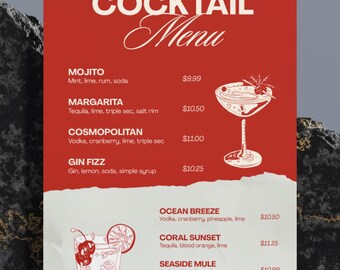 Editable Cocktail Menu Sign | Wedding Bar, Bachelorette Party (Digital Download)