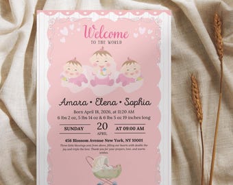 Modern Triplets Baby Shower Invitation | Pastel Baby Party Invite (Digital Download)