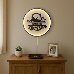 Letrero de apellido iluminado, letrero de bienvenida, decoración del hogar, letrero familiar, regalo para maestros, regalo de segundo aniversario, letrero de madera personalizado, hecho a mano