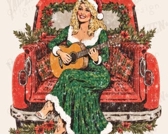 May include: Digital illustration of a woman in a green dress and Santa hat playing a guitar in the back of a red truck decorated for Christmas. The image includes the text "INSTANT DOWNLOAD PNG" and "PERSONAL AND COMMERCIAL USE".