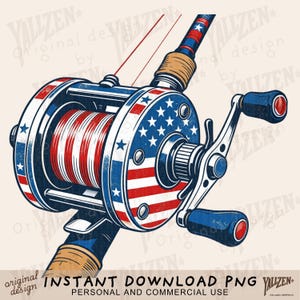Op de afbeelding: Een illustratie van een vismolen met een rood, wit en blauw Amerikaanse vlagpatroon op de zijplaat en spoel. De molen heeft een blauwe hendel met rode accenten, een beige hengelgreep en de tekst YALLZEN ORIGINAL DESIGN op de achtergrond.