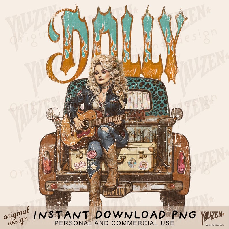 Dolly western shirt design featuring a glamorous country singer with a guitar sitting on a vintage truck in retro cowgirl style.