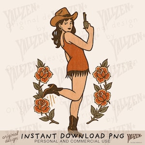 Retro Cowgirl Pinup PNG | Western Cowgirl Clipart | Vintage Rodeo Girl Sublimation | Rustic Floral Western Design