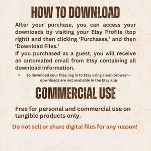 以下が含まれることがあります： Etsyで購入したデジタルファイルをダウンロードする方法を説明した、白い文字で書かれた茶色のテキストボックス。テキストボックスは、花柄の背景の上にあります。テキストには、「HOW TO DOWNLOAD」と「COMMERCIAL USE」と書いてあります。