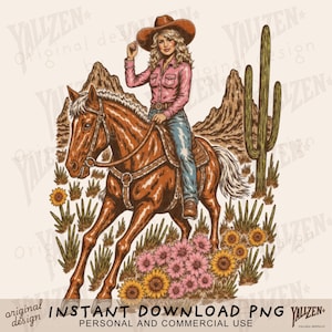 Vintage Cowgirl Horse PNG, Retro Cowgirl Sublimation, Country Girl Horseback Riding Art, Rustic Wild West Design