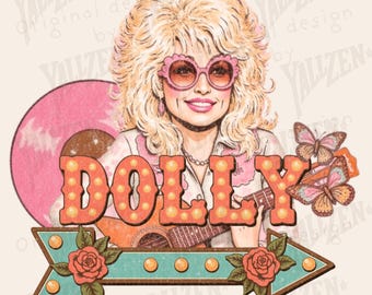 Dolly PNG | Rosa countrymusik Clipart | Vintage cowgirl sublimeringsdesign | Western fjärilskonst | 70-tals countryflickastil