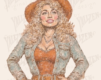 Può includere: Illustrazione digitale di una donna con cappello da cowboy marrone, giacca di jeans e top arancione. L'immagine include il testo "INSTANT DOWNLOAD PNG" e "PERSONAL AND COMMERCIAL USE". L'opera d'arte ha uno stile vintage, disegnato a mano.