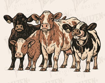 Pode incluir: Uma ilustração digital de quatro vacas, duas marrons e brancas, uma preta e branca e uma marrom. As vacas estão lado a lado, olhando para o espectador. A ilustração é em estilo vintage, com uma textura granulada.