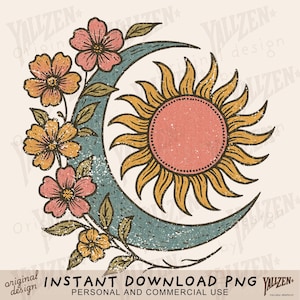 May include: A vintage-style illustration of a crescent moon with a sun inside, surrounded by stylized flowers in shades of pink, yellow, and orange. The background is a light beige color.