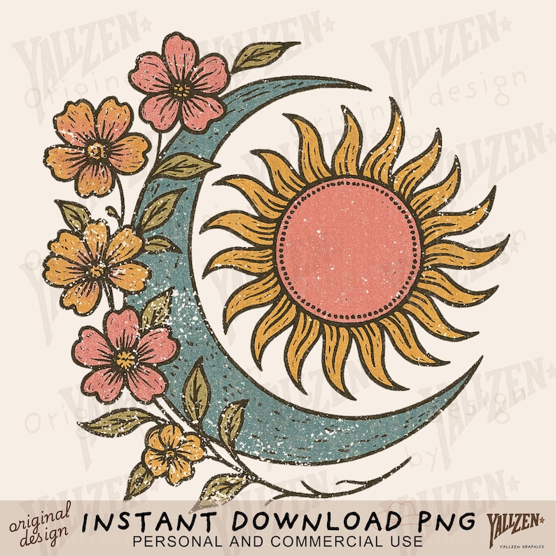 May include: A vintage-style illustration of a crescent moon with a sun inside, surrounded by stylized flowers in shades of pink, yellow, and orange. The background is a light beige color.