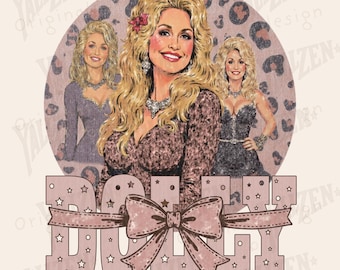 May include: A digital graphic featuring three illustrations of a blonde woman with a flower in her hair, set against a pink leopard print background. The word "DOLLY" is displayed in a star-studded font with a bow. Text at the bottom reads "INSTANT DOWNLOAD PNG".