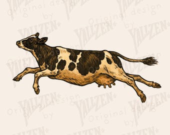 Pode incluir: Ilustração digital de uma vaca em salto, com um padrão de manchas pretas e brancas sobre um fundo bege. A vaca está em movimento, com as pernas estendidas. O texto na parte inferior diz "INSTANT DOWNLOAD PNG" e "PERSONAL AND COMMERCIAL USE".