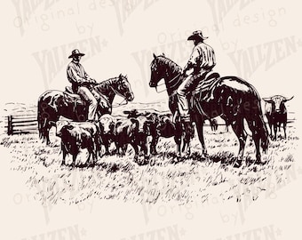 Cowboys Herding Cattle PNG | Western Ranch Clipart | Rustic Rodeo Digital Download