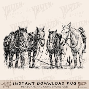 Western Horse loose sketch PNG JPG | Vintage Cowboy Ranch Horse Clipart | Farm Animal Sketch | Digital Download