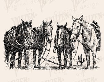 Western Horse loose sketch PNG JPG | Vintage Cowboy Ranch Horse Clipart | Farm Animal Sketch | Digital Download