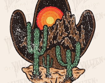 May include: A digital graphic featuring a cowboy hat silhouette with a desert landscape. The design includes a sunset, mountains, and cacti in shades of brown, orange, and green. The text "INSTANT DOWNLOAD PNG" is visible.