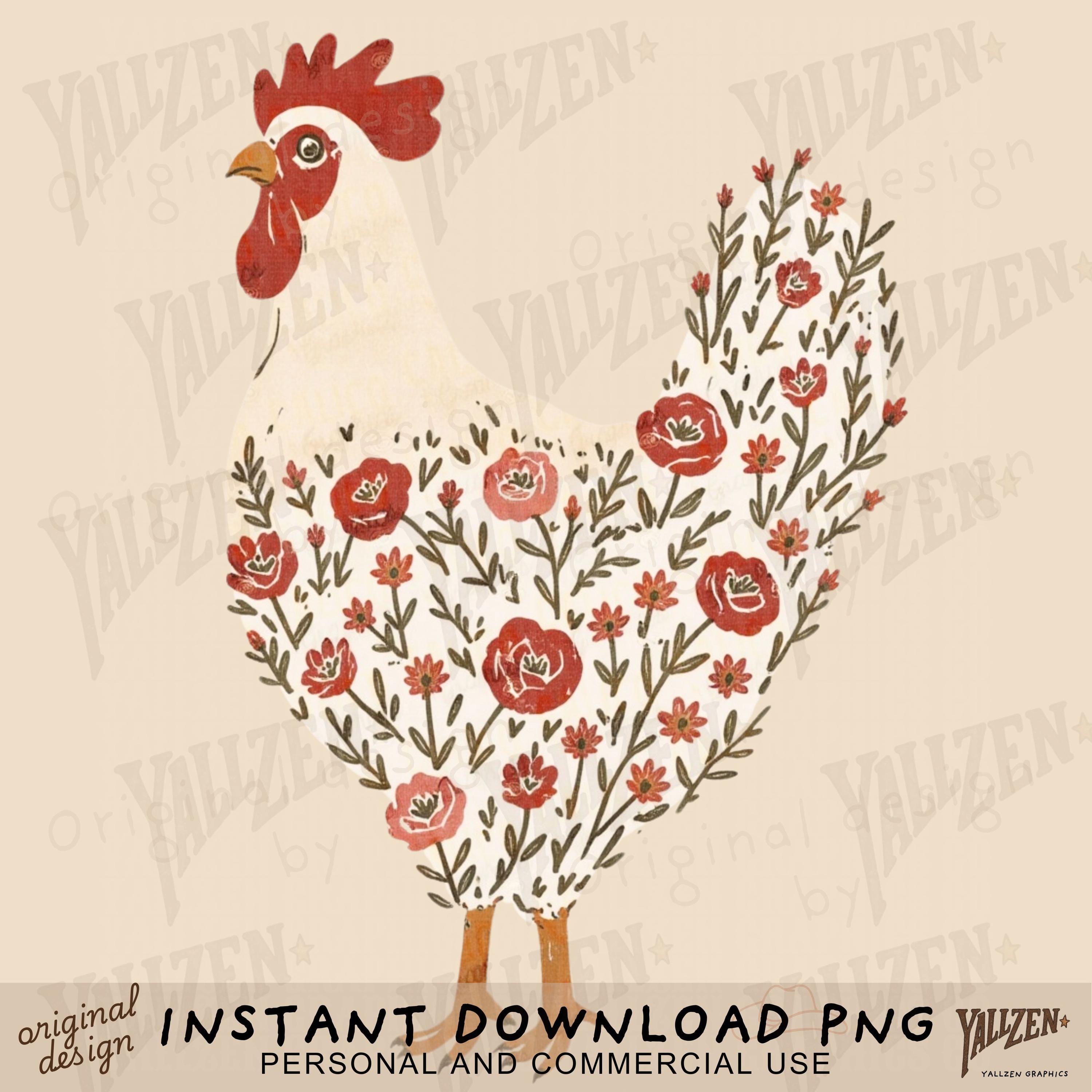 Rustic Chicken Vector Vintage Floral Chicken PNG | Rustic Farmhouse Rooster Clipart | Country ...