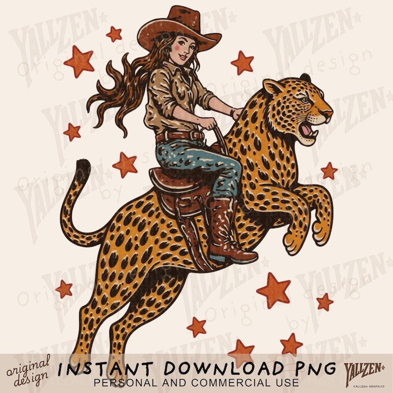Download this unique and fierce Cowgirl Riding Leopard PNG — a high-resolution digital illustration of a fearless western girl riding a wild leopard through the stars. This bold and magical western jungle fusion design is perfect for making standout t-shirts, tumblers, tote bags, wall art, stickers, or social media graphics.