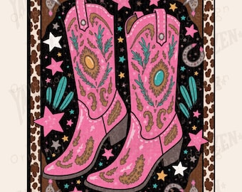 May include: Pink cowboy boots with floral and turquoise accents on a black background with stars and other western design elements. The text "INSTANT DOWNLOAD PNG PERSONAL AND COMMERCIAL USE" is at the bottom of the image.