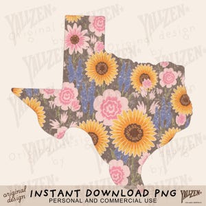 2Mapa floral de Texas PNG / Imágenes prediseñadas del estado de girasol y lupino azul / Arte rústico de flores silvestres de Texas