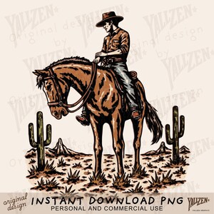 Vintage Cowboy on Horse PNG, Western Desert Sublimation Design, Retro Rodeo Rider Clipart for T-Shirt or Mug, Wild West Cowboy Graphic