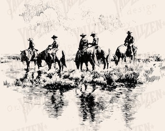 2 vaqueros dando agua a sus caballos PNG Descarga digital • Arte lineal de rancho occidental vintage • Clipart de sublimación de escena rústica de río vaquero