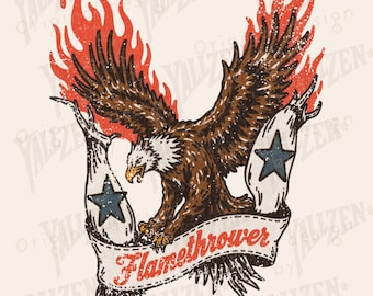 Flamethrower Eagle PNG – Vintage American Tattoo Style Clipart, Bald Eagle Sublimation, Retro Military Patriotic Art for Shirts, Crafts