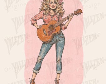 Vintage Dolly Western PNG, Country Girl con chitarra PNG, Western Cowgirl Clipart, Southern Girl Sublimation, Country Music Art