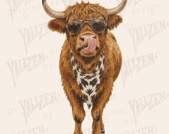 Funny Highland Cow PNG | Cool Farm Animal Sublimation | Western Cow Print Shirt Design | Cow Bandana Digital Download Clipart