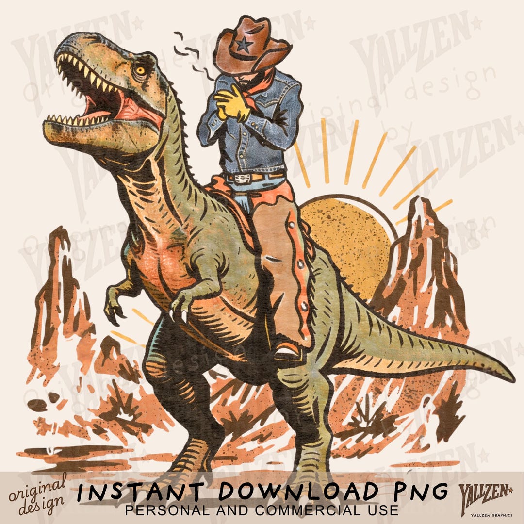 Retro Cowboy Riding T-rex PNG | Western Dinosaur Desert Sunset Art ...