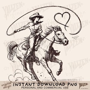 Vintage Cowgirl PNG, Western Cowgirl Lasso Art, Rustic Rodeo Clipart, Wild West Sublimation