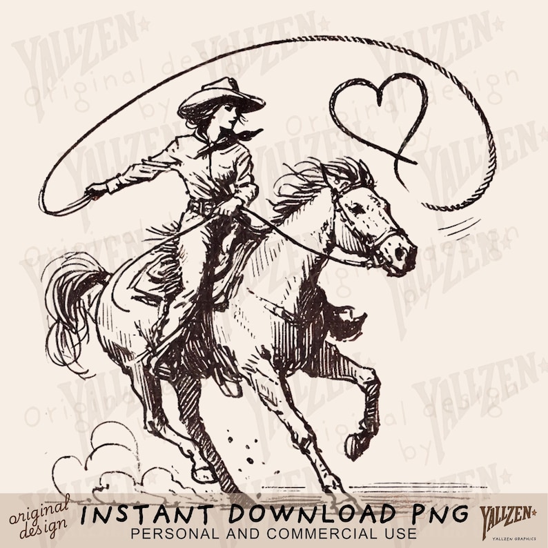 Vintage Cowgirl PNG, Western Cowgirl Lasso Art, Rustic Rodeo Clipart, Wild West Sublimation