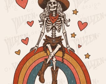 May include: A skeleton wearing a cowboy hat and boots sits on a rainbow. The skeleton is wearing a red bandana and a brown belt. There are hearts and stars around the skeleton.