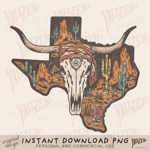 Mapa de Texas Cráneo de cuernos largos PNG / Clipart del desierto occidental / Descarga digital rústica apenada