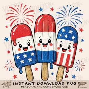 May include: Three cartoon popsicles with smiling faces, each featuring red, white, and blue color schemes. The popsicles are decorated with stars and stripes patterns, accompanied by red and blue firework illustrations on a light background.
