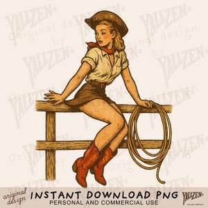 Vintage Cowgirl PNG | Retro Pin-Up Cowgirl Clipart | Western Girl Sublimation Design for T-Shirts & Crafts