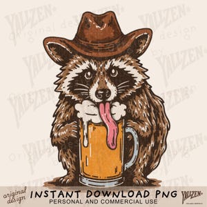 Cowboy Raccoon PNG | Western Beer Drinking Clipart | Distressed Funny Bar Digital Download