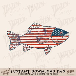 May include: A graphic illustration of a fish featuring a distressed American flag pattern with red and white stripes across the body and a blue field with white stars on the head, overlaid with a faint outline of fishing rods and reels.