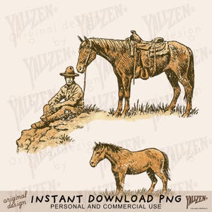 Vintage Cowboy and Horse PNG Bundle, Western Sketch Clipart, Retro Ranch Cowboy Art, Wild West Sublimation Design