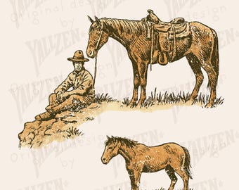 Paquete PNG de vaquero y caballo vintage, clipart de boceto del oeste, arte vaquero ranchero retro, diseño de sublimación del lejano oeste