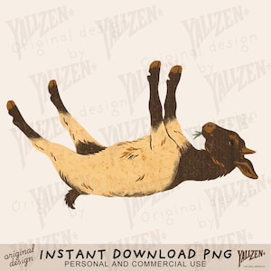 May include: A brown and tan goat with a white patch on its chest is lying on its back with its legs in the air. The goat is chewing on a green leaf.