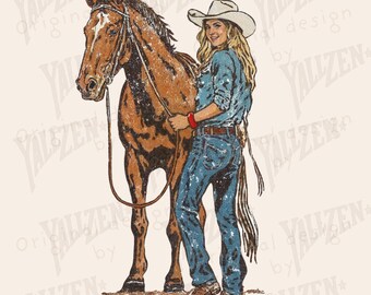 Cowgirl with Horse PNG Digital Download • Western Country Sublimation • Retro Rodeo Cowgirl Clipart for T-Shirts & Crafts