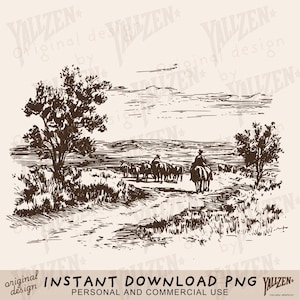 May include: A black and white line drawing of a group of cowboys riding horses on a dirt road through a grassy field. The cowboys are wearing hats and long coats. There are trees on either side of the road.