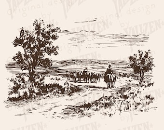 Western Cattle Drive Clipart, Vintage Cowboy Landscape PNG, Rustic Ranch Scene Digital Download, Prairie Line Art Print