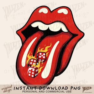 Puede incluir: Una lengua roja y blanca con llamas y dados. La lengua sobresale de una boca roja.