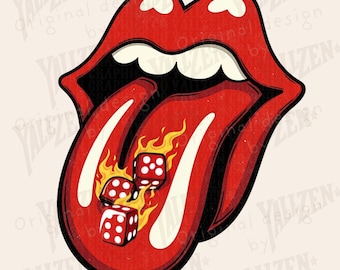 May include: A red and white tongue with flames and dice. The tongue is sticking out of a red mouth.