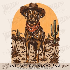 May include: A brown Labrador Retriever dog wearing a cowboy hat and red bandana stands in a desert landscape with cacti. The dog is looking directly at the viewer.