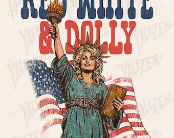 Vintage Red White & Dolly PNG – Retro 4th of July Sublimation Clipart, Country Girl Statue of Liberty Digital Download