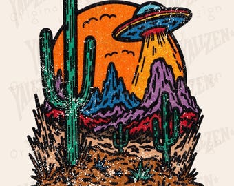 UFO Desert PNG, Alien Western Clipart, Retro Cactus Landscape Sublimation, Outer Space Digital Art, Sci-Fi Wild West Download